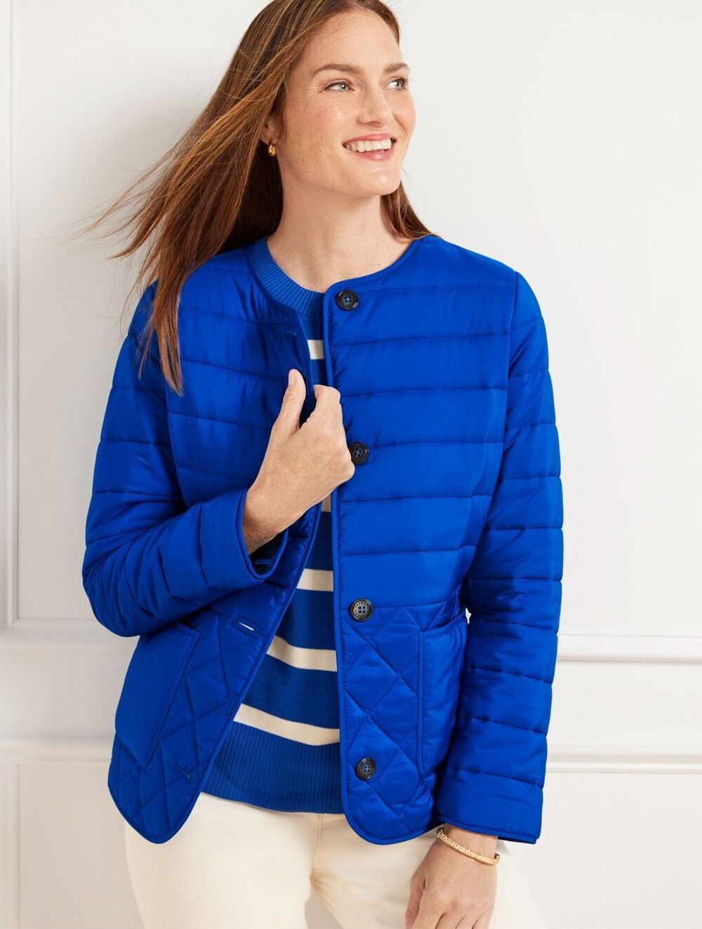 Talbots Women's Collarless Button Front Lined Quilted Jacket Blue Large NEW - Picture 1 of 10